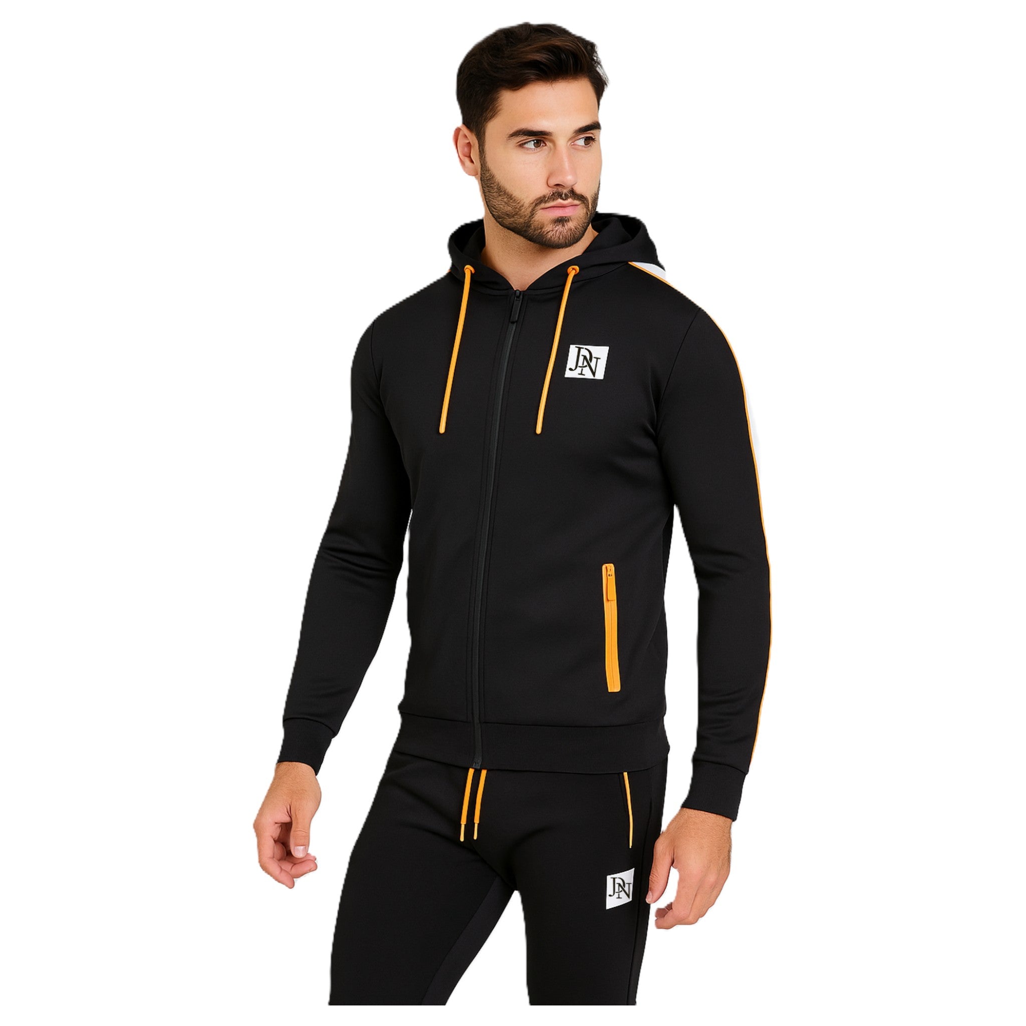 Men's JDN black tracksuit set with orange zip details and white side stripes – full zip hoodie and joggers, sporty streetwear style